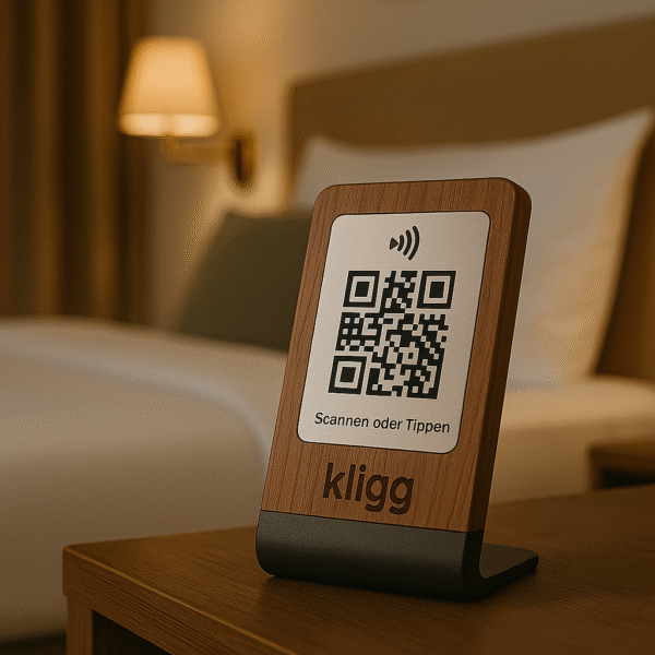 Kligg Premium NFC & QR-Code Tischständer – Walnussholz-Optik - Image 4