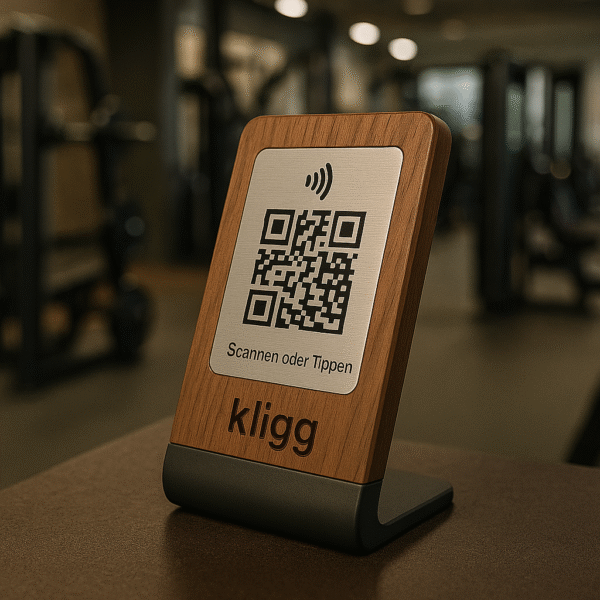 Kligg Premium NFC & QR-Code Tischständer – Walnussholz-Optik - Image 3