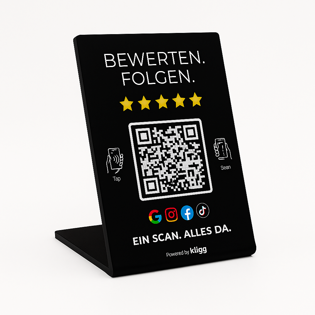 Kligg – Black NFC & QR Stand "A scan. Everything is there."